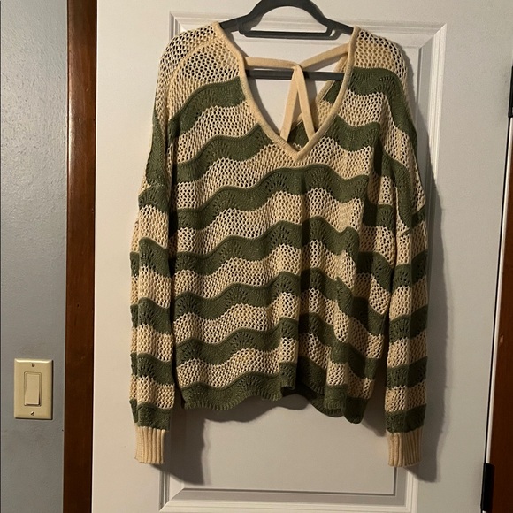 Willow Green and Cream Striped V-Neck Sweater - Picture 3 of 4